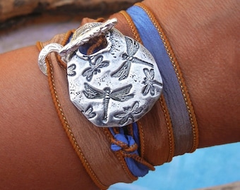 Sterlingzilveren libel zijde wikkelarmband, libellen sieraden, libel armband, zijden wikkelarmband, toggle wikkelarmband, handgemaakt
