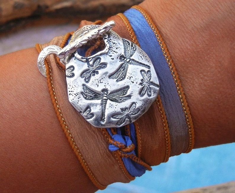 100% real silk wrap bracelet, sterling silver jewelry by HappyGoLicky