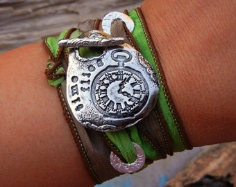 Clock Parts Silk Wrap Bracelet, Steampunk Gift, READY TO SHIP Gift, Time Flies Silk Wrap Bracelet, Cool Sterling Silver Steampunk Gift