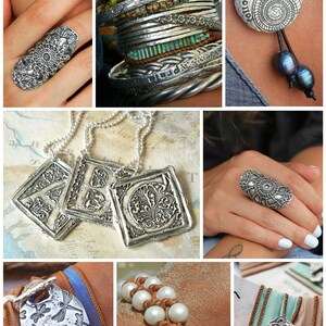May include: A collection of silver jewelry featuring various designs, including a dragonfly, a cross, a heart, and letters. The jewelry is displayed on a variety of surfaces, including leather, fabric, and wood.