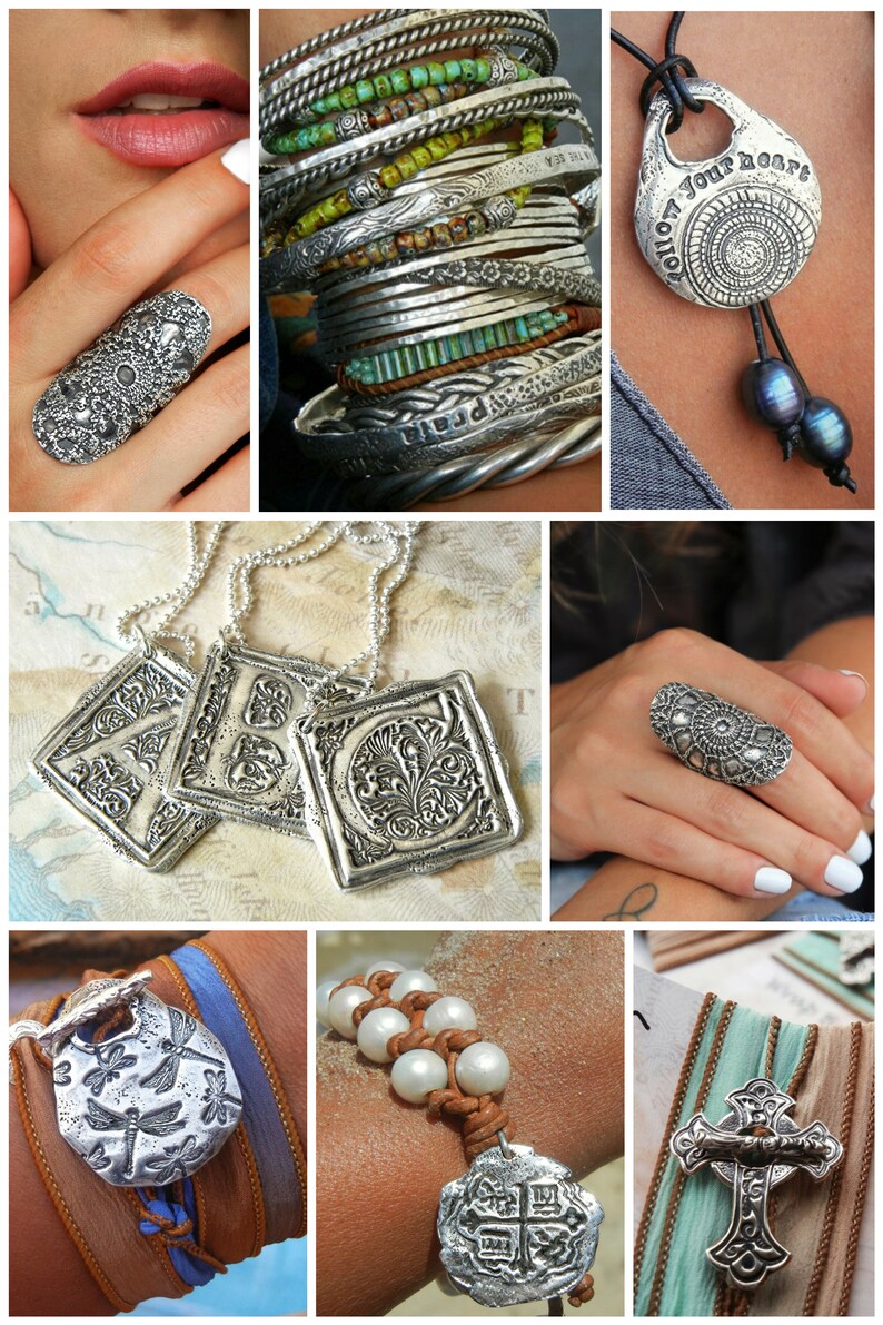 May include: A collection of silver jewelry featuring various designs, including a dragonfly, a cross, a heart, and letters. The jewelry is displayed on a variety of surfaces, including leather, fabric, and wood.
