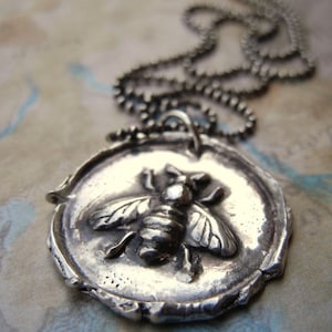 Honey Bee Necklace, Bee Jewelry, Bee Necklace, Silver Bee, Honey Bee Jewelry, Honey Bee Wax Seal Necklace, Silver Honey Bee Wax Seal Pendant