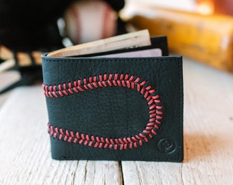 Genuine Black Baseball Glove Leather Bifold Wallet. Great Gift for Boyfriend, Coach, Player, Husband for Birthday, Christmas, Father's Day