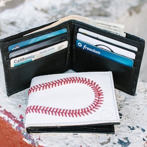 Genuine Baseball Leather Bifold Wallet. Great Gift for Boyfriend, Coach, Player, Umpire, Husband for Birthday, Christmas, Father's Day Bifold Wallet