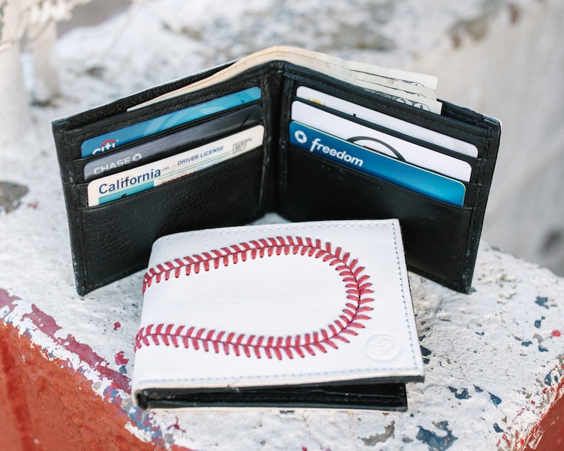 Genuine Baseball Leather Bifold Wallet. Great Gift for Boyfriend, Coach, Player, Umpire, Husband for Birthday, Christmas, Father's Day Bifold Wallet