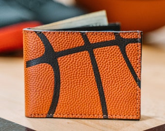 Genuine Basketball Leather Bifold Wallet with Lines. Great Gift for Boyfriend, Coach, Player, Husband for Birthday, Christmas, Father's Day