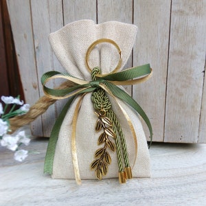 25 pcs Olive branch favor-Linen Bag Favor-koufeta bomboniera-wedding favor-baptism favor-olive and gold colour favor