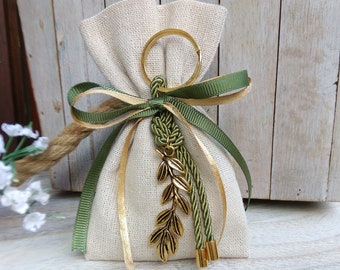 25 pcs Olive branch favor-Linen Bag Favor-koufeta bomboniera-wedding favor-baptism favor-olive and gold colour favor