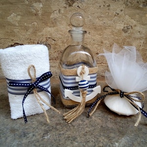 Set battesimale greco nautico- set da 3 pezzi-Bottiglia d'olio / sapone / asciugamano -Battesimo ortodosso