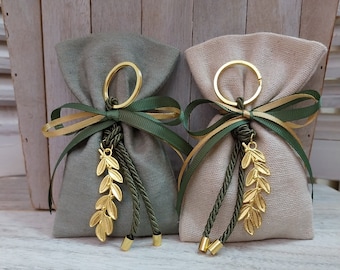 25 pcs Olive branch favor-Linen Bag Favor-koufeta bomboniera-wedding favor-baptism favor-olive and gold colour favor