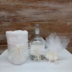 Set di battesimo greco 3pcs -Bottiglia di olio / sapone / asciugamano-Battesimo ortodosso