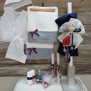 Set nautico per battesimo - lambada ortodossa - Set battesimo blu navy e rosso - set olio - set ladopana - piccole candele.