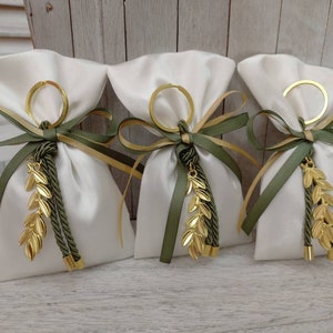 25 pcs Olive branch favor-Ecru Satin Bag Favor-koufeta bomboniera-wedding favor-baptism favor-olive and gold colour favor