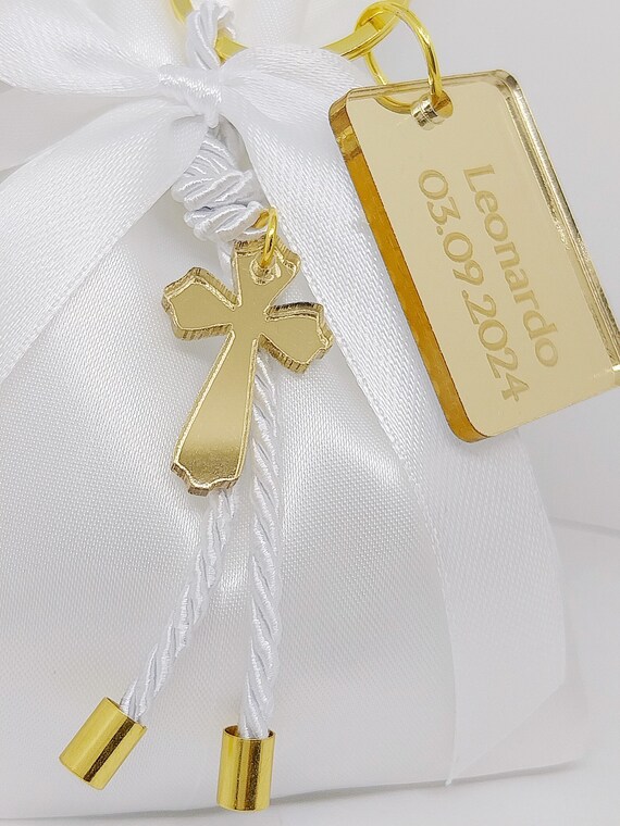 25 Pcs Personalized Baptism Favor plexiglass Cross Favor satin Bag
