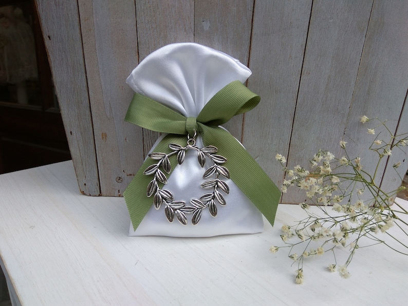 Olive wreath favor-Satin Bag Favor-koufeta bomboniera-wedding favor-baptism favor