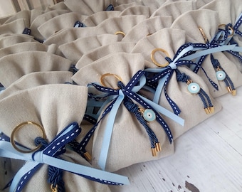 25 pcs boy Baptism favor-linen bag Favor- Gold and navy blue favor-evil eye favor-koufeta bomboniera