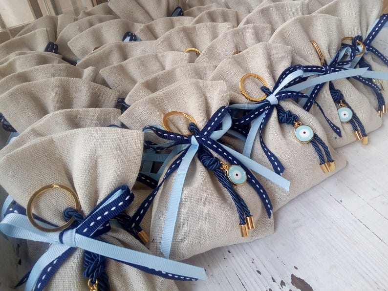 25 pcs boy Baptism favor-linen bag Favor Gold and navy blue favor-evil eye favor-koufeta bomboniera