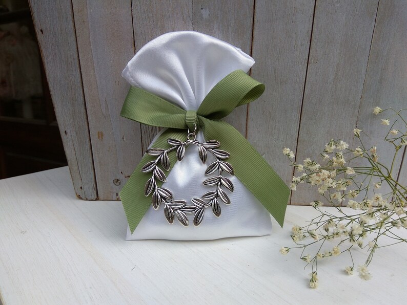 Olive wreath favor-Satin Bag Favor-koufeta bomboniera-wedding favor-baptism favor