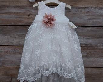 Baptism dress-Haute couture white lace-Last piece lace outfit-Greek baptism with dusty rose flower headband-Orthodox Baptism-Girls Baptism