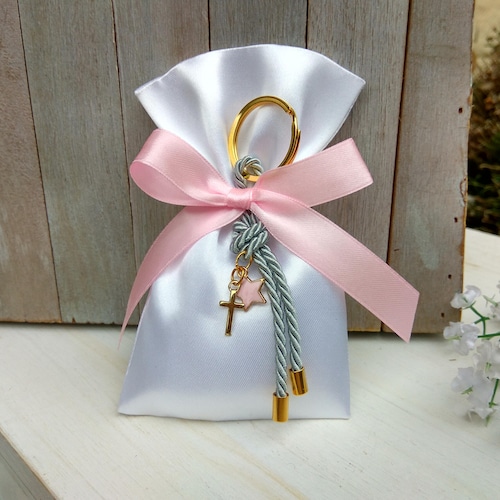 Pink outlet and grey favor-Star Baptism favor-Satin bag favor-koufeta bomboniera-Little star baby shower gift-key chain favor