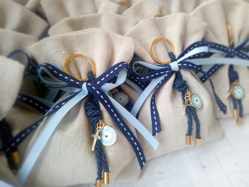 25 pcs boy Baptism favor-linen bag Favor Gold and navy blue favor-evil eye favor-koufeta bomboniera