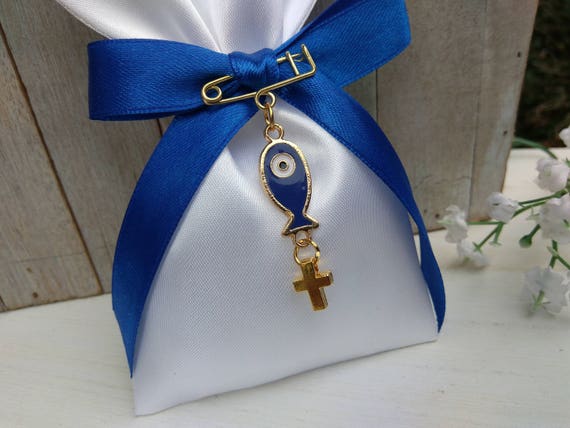 25 pcs boy Baptism favor-linen bag Favor Gold and navy blue favor-evil eye favor-koufeta bomboniera