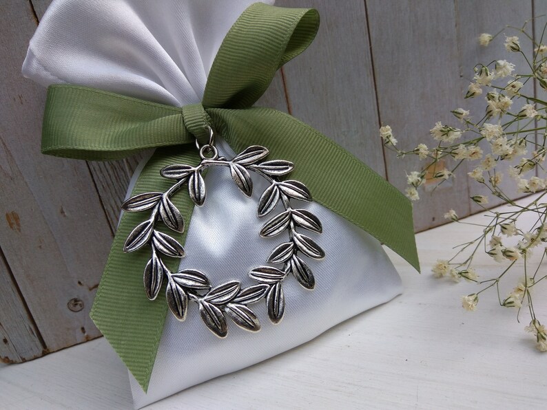 Olive wreath favor-Satin Bag Favor-koufeta bomboniera-wedding favor-baptism favor