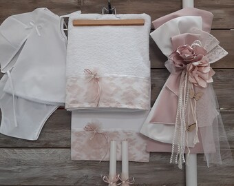 Dusty rose Baptism girl set with butterfly details-elegant refined baptism-Orthodox Baptism-Girls Baptism-Orthodox  Greek Christening