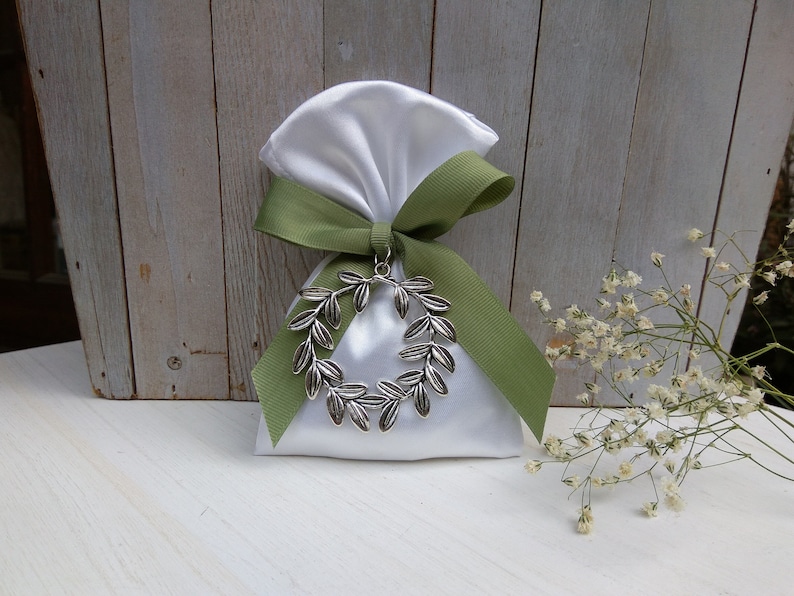 Olive wreath favor-Satin Bag Favor-koufeta bomboniera-wedding favor-baptism favor