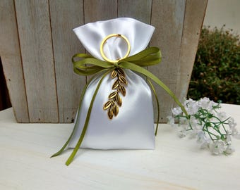 May include: White satin favor bag with a gold olive branch charm and a green satin ribbon.