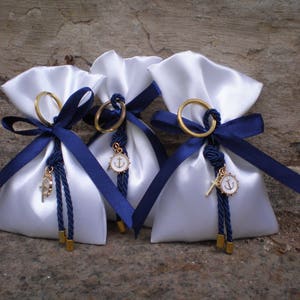 25pcs Nautical Baptism favor-satin bag Favor- Gold and blue favor-anchor favor-koufeta bomboniera