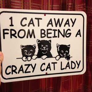 1 cat away from being a crazy cat lady   Funny Sign 9x12 inch Aluminum metal sign