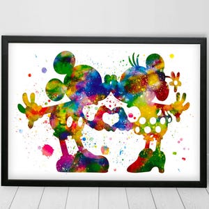 Micky und Minnie verliebter Aquarell Druck - Romantische Disney Wand Kunst, Süßes Paar Poster, Micky Maus Kinderzimmer Dekor, Geschenk für Disney Fans