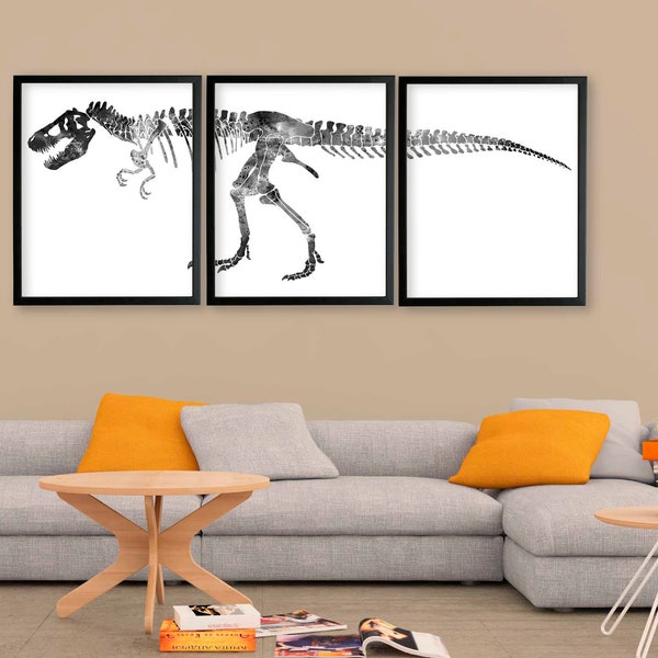Extra großes T-Rex-Skelett, Tyrannosaurus Rex-Druck, Dinosaurier-Dekor, Schwarz-Weiß-Drucke, Aquarellmalerei, Wandkunstdrucke 3er-Set