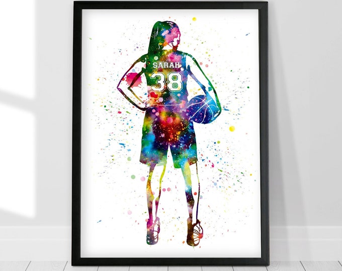 Gepersonaliseerde basketbalmeisje print, personalisatie basketbalcadeau voor haar, basketbalmeisje speler, gepersonaliseerde aquarelprint