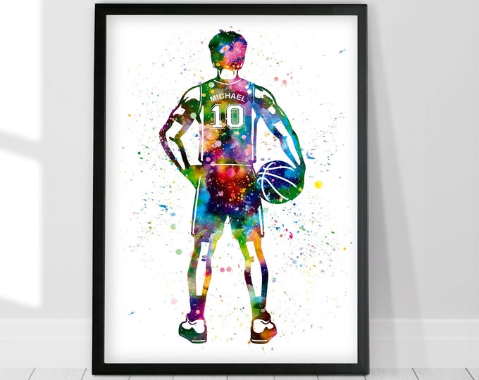 Personalized Basketball Boy Print, Personalization Basketball Gifts for Boys, Basketball Boy Player, Personalized Watercolor Print