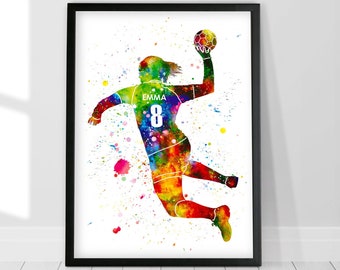 Personalized Handball Girl Player Watercolor Print Poster Gift for Her