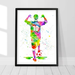 Fußballspieler personalisierter Aquarelldruck, individuelles Fußballplakat, Personalisierung Fußballwandkunst