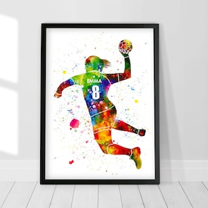 Personalized Handball Girl Player Watercolor Print Poster Gift for Her COLORFUL