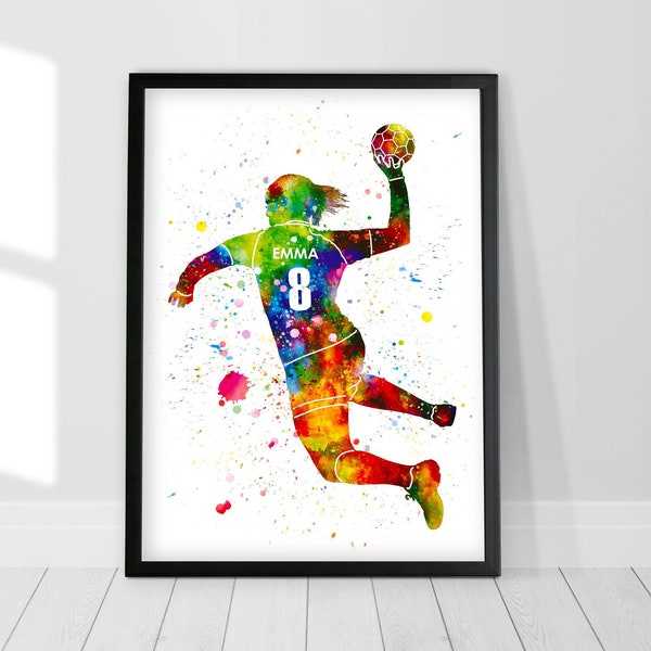 Personalisiertes Handball-Mädchen-Spieler-Aquarell-Druck-Poster, Geschenk für Sie