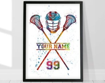 Personalised Lacrosse Sticks, Lacrosse Personalized Watercolor Print, Crossed Lacrosse Sticks, Custom Lacrosse Stick, Name and Number