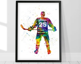 Personalised Hockey Picture, Hockey Personalized Print, Ice Hockey Personelized Watercolor Print, Hockey Gifts for boys