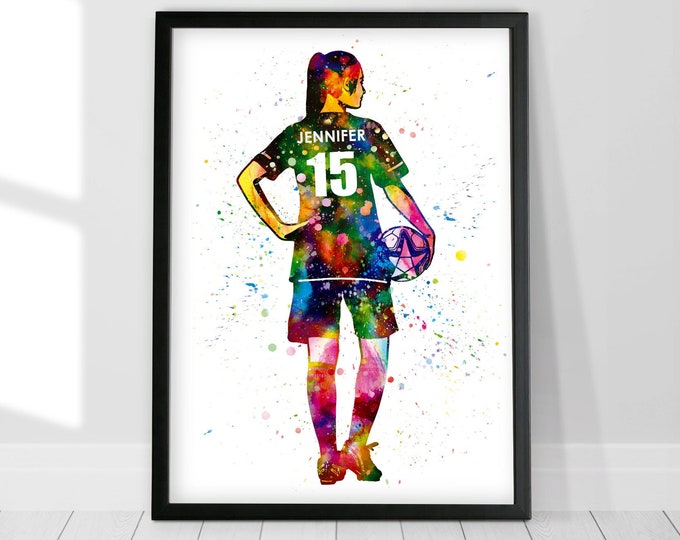 Gepersonaliseerde voetbalcadeaus voor meisjes, voetbalmeisje aquarelprint, gepersonaliseerde voetbalposter, vrouwelijke voetbalspelerkunst, aangepast voetbal