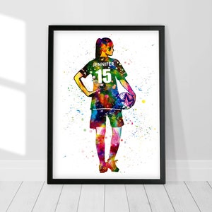 Personalized Girl Soccer Gifts, Football Girl Watercolor Print, Personalized Football Poster, Female Football Player art, Customized Soccer