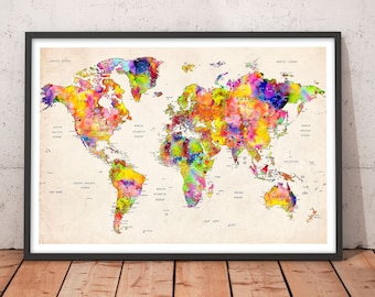 World Map Watercolor Wall Art - Map of the World, Map Art Print, Continents Map Poster, Wall art, Wall decor, Watercolor painting