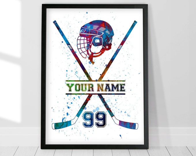 Personalised Hockey Sticks, Ice Hockey Personelized Watercolor Print, Crossed Hockey Sticks, Hockey Personalized Print, Custom Hockey Stick