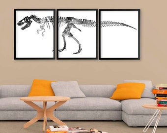 Extra groot T-Rex skelet, Tyrannosaurus Rex print, dinosaurus decor, zwart-wit prints, aquarel schilderen, muur kunst prints set van 3