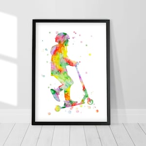 Impresión de niño en patinete, arte mural para niño adolescente, impresión de patinete acrobático, regalo para niño pequeño, niño en patinete, patinaje en micropatinete, decoración de habitación para niño