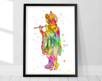 Lord Krishna painting, Krishna poster, Hindu god, Hindu art print, Meditation poster, Diwali gift, Spiritual wall art, Watercolor painting