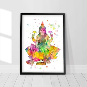 Lakshmi on Lotus painting, Indian gods print, Lakshmi Print, Hindu goddess, Meditation poster, Hindu art, Spiritual wall art, Yoga gift